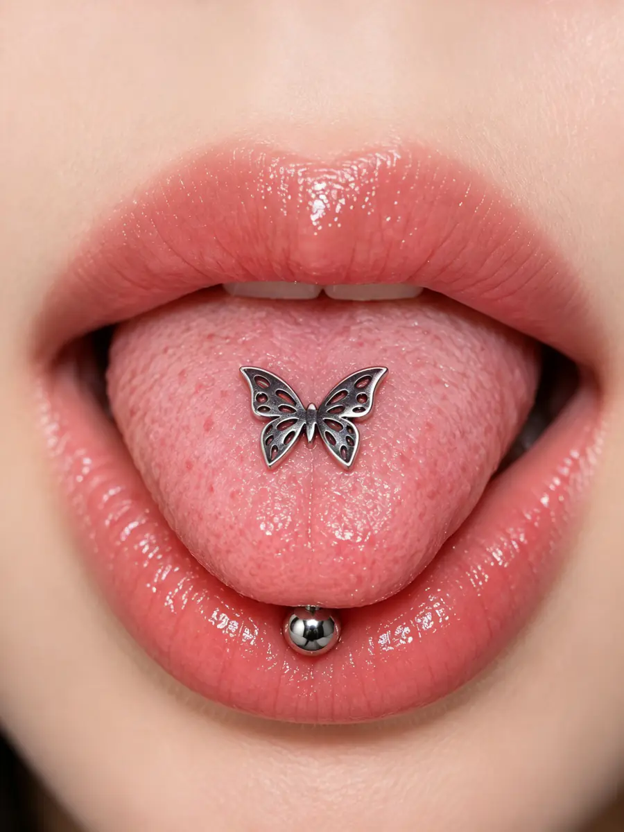 Cut-Out Butterfly Tongue Ring, Titanium Steel Butterfly Barbell, Edgy Tongue Piercing Jewelry - wearing view