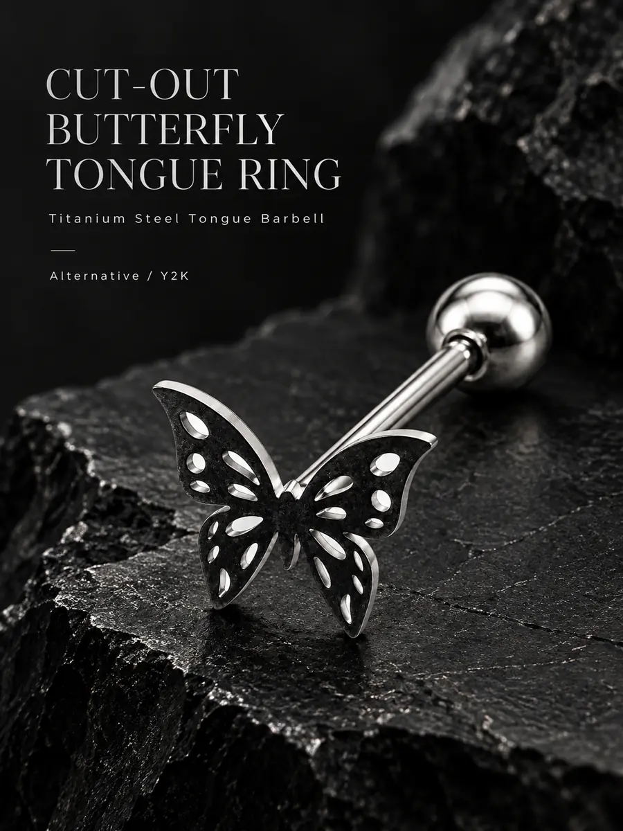 Cut-Out Butterfly Tongue Ring, Titanium Steel Butterfly Barbell, Edgy Tongue Piercing Jewelry - product image