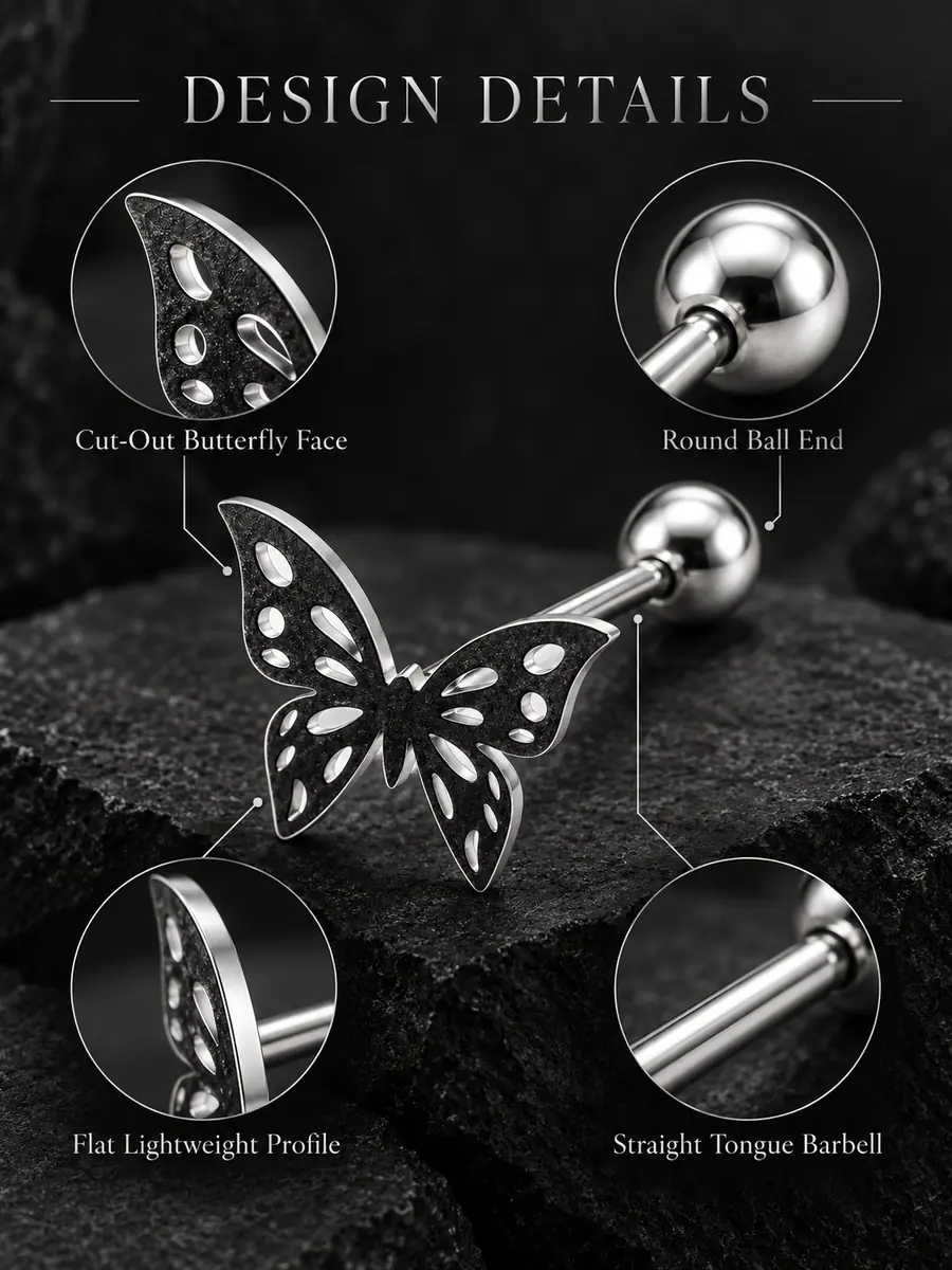 Cut-Out Butterfly Tongue Ring, Titanium Steel Butterfly Barbell, Edgy Tongue Piercing Jewelry - product image