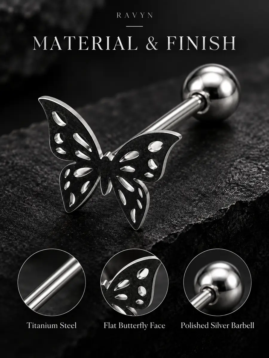 Cut-Out Butterfly Tongue Ring, Titanium Steel Butterfly Barbell, Edgy Tongue Piercing Jewelry - product image