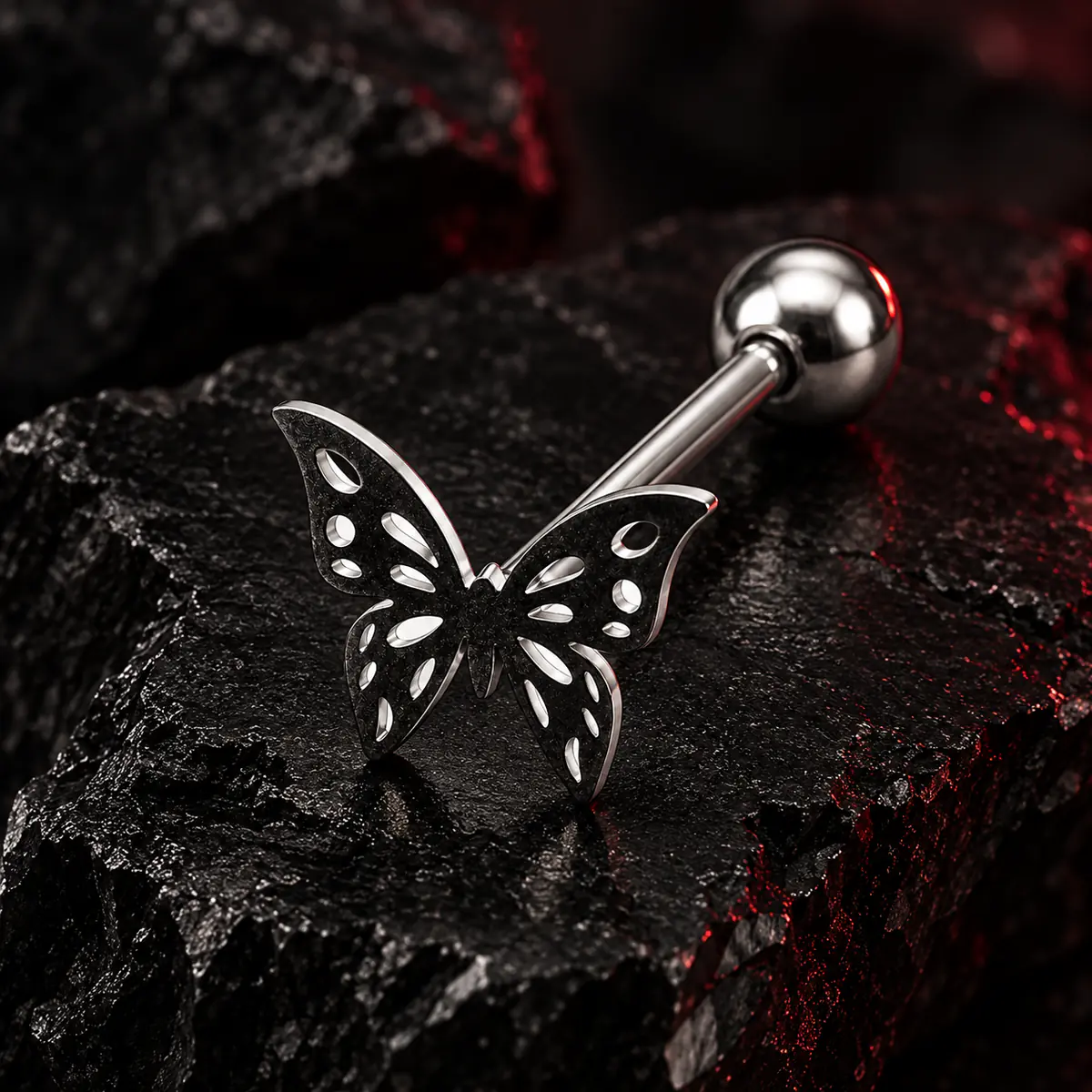 Cut-Out Butterfly Tongue Ring, Titanium Steel Butterfly Barbell, Edgy Tongue Piercing Jewelry - product image
