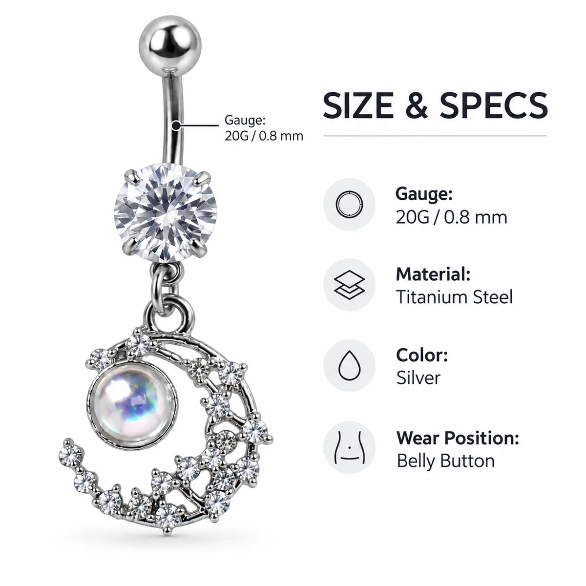 Celestial Moon CZ Belly Button Ring, Moon Glow Dangle Navel Piercing, Titanium Steel Body Jewelry - product image