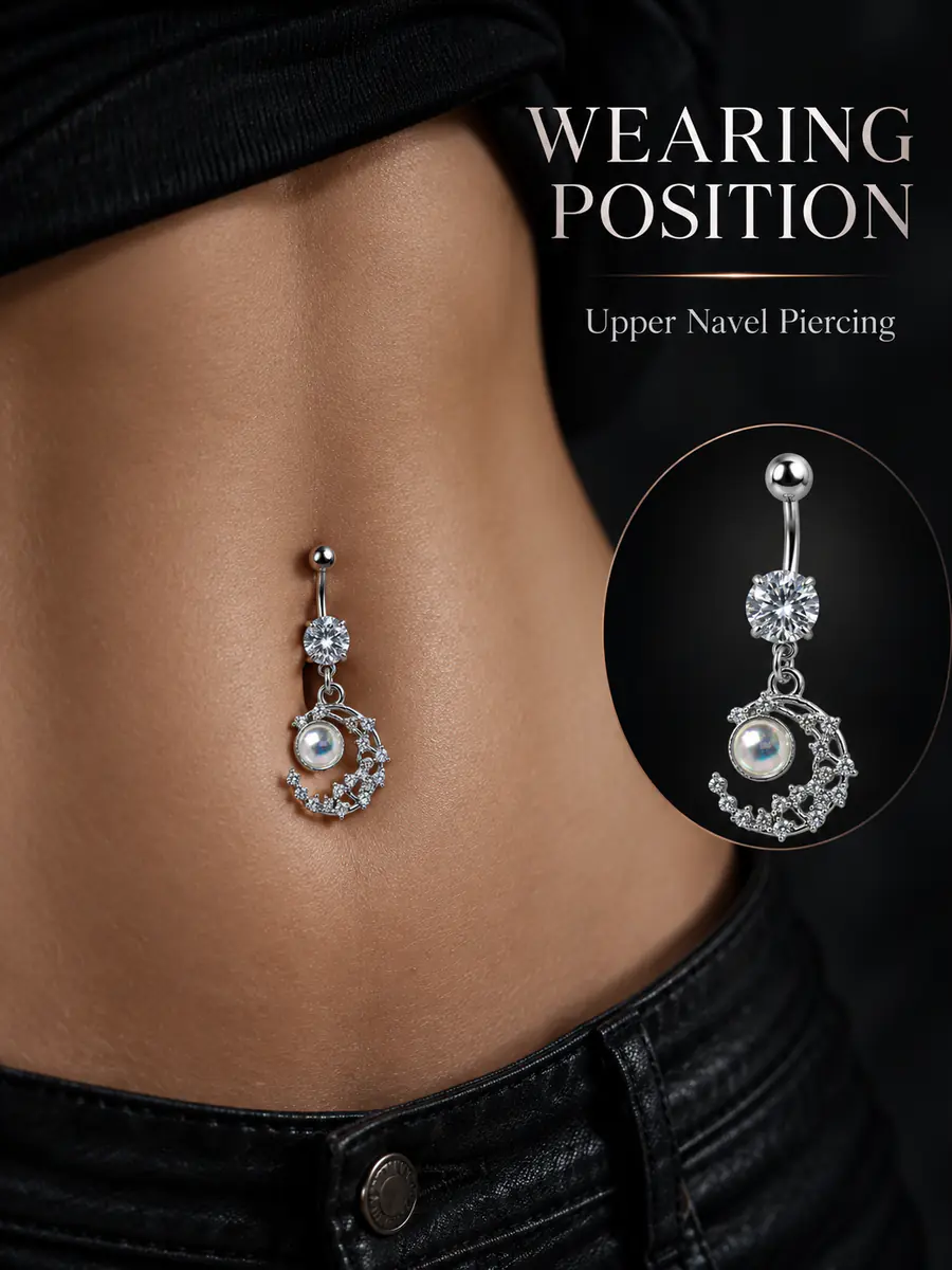 Celestial Moon CZ Belly Button Ring, Moon Glow Dangle Navel Piercing, Titanium Steel Body Jewelry - product image