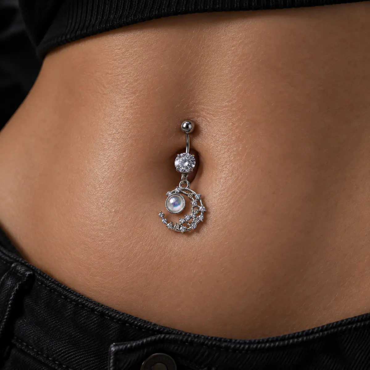 Celestial Moon CZ Belly Button Ring, Moon Glow Dangle Navel Piercing, Titanium Steel Body Jewelry - product image