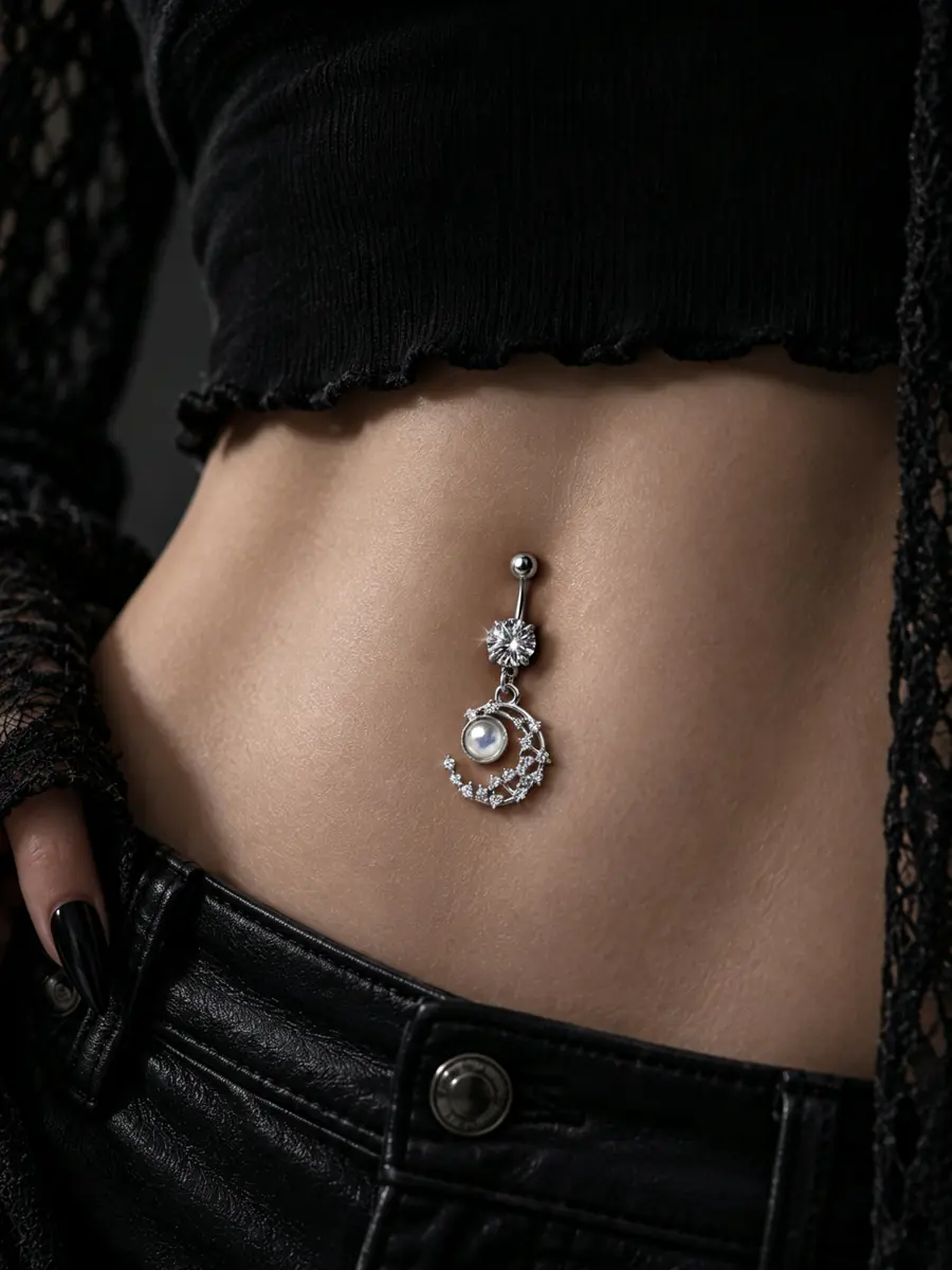 Celestial Moon CZ Belly Button Ring, Moon Glow Dangle Navel Piercing, Titanium Steel Body Jewelry - wearing view