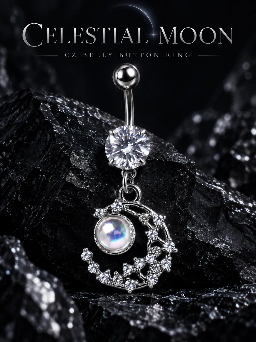 Celestial Moon CZ Belly Button Ring, Moon Glow Dangle Navel Piercing, Titanium Steel Body Jewelry - product image