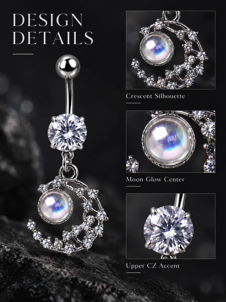 Celestial Moon CZ Belly Button Ring, Moon Glow Dangle Navel Piercing, Titanium Steel Body Jewelry - product image