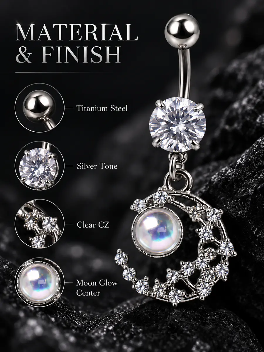 Celestial Moon CZ Belly Button Ring, Moon Glow Dangle Navel Piercing, Titanium Steel Body Jewelry - product image