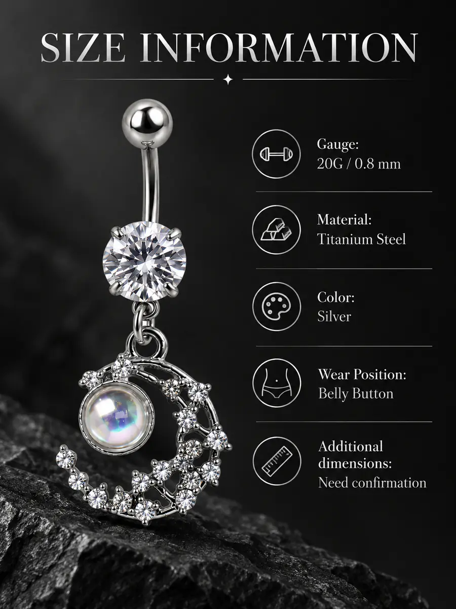 Celestial Moon CZ Belly Button Ring, Moon Glow Dangle Navel Piercing, Titanium Steel Body Jewelry - product image