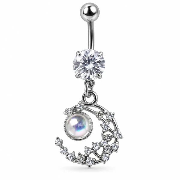 Celestial Moon CZ Belly Button Ring, Moon Glow Dangle Navel Piercing, Titanium Steel Body Jewelry