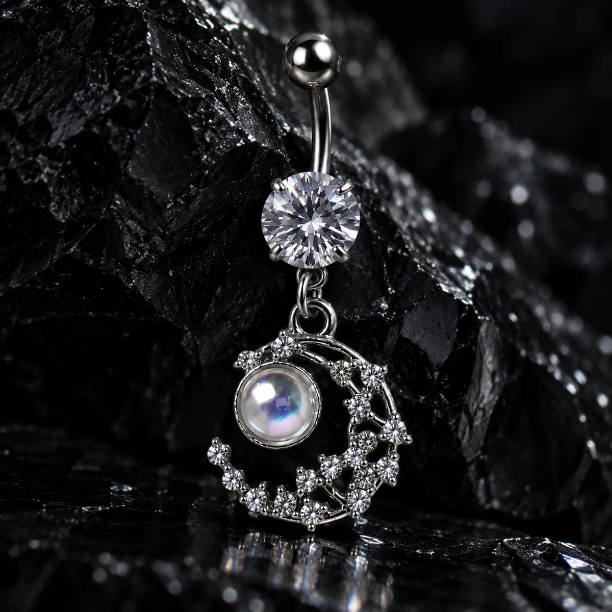 Celestial Moon CZ Belly Button Ring, Moon Glow Dangle Navel Piercing, Titanium Steel Body Jewelry - product image