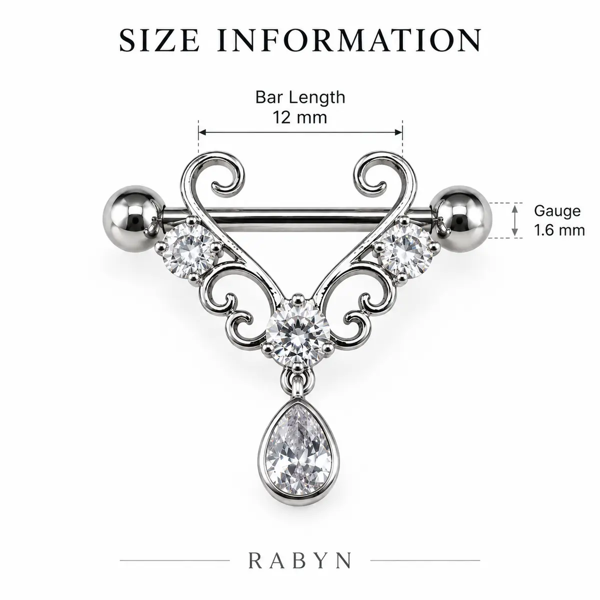 CZ Filigree Nipple Barbell, Teardrop Dangle Nipple Ring, Titanium Steel Piercing Jewelry - product image