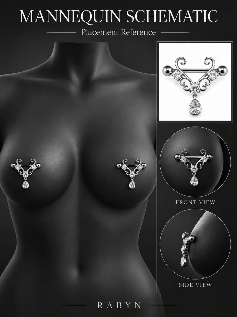 CZ Filigree Nipple Barbell, Teardrop Dangle Nipple Ring, Titanium Steel Piercing Jewelry - product image