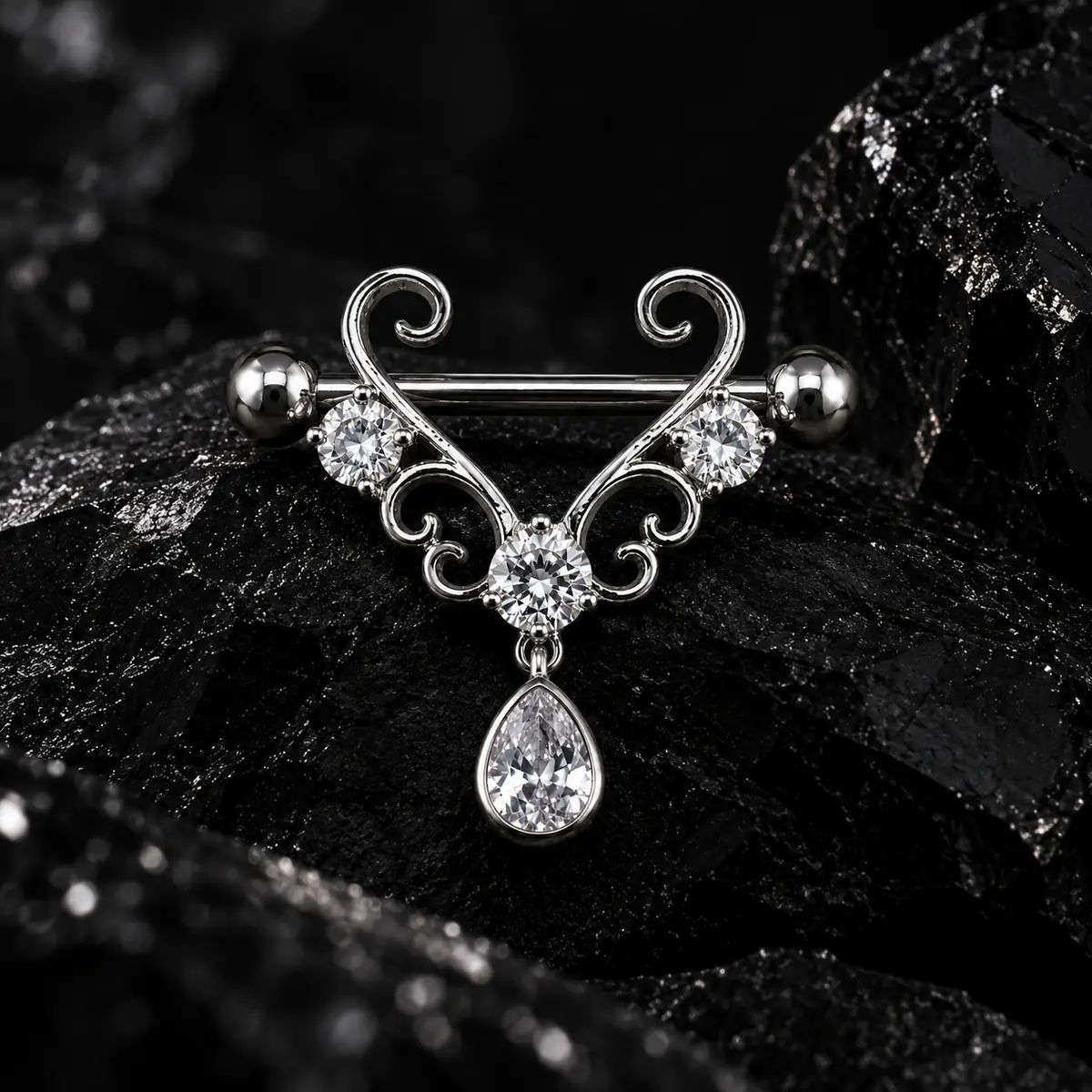 CZ Filigree Nipple Barbell, Teardrop Dangle Nipple Ring, Titanium Steel Piercing Jewelry - wearing view