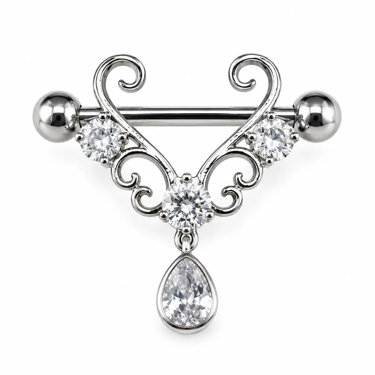 CZ Filigree Nipple Barbell, Teardrop Dangle Nipple Ring, Titanium Steel Piercing Jewelry - 1_Pair 1.6/12mm