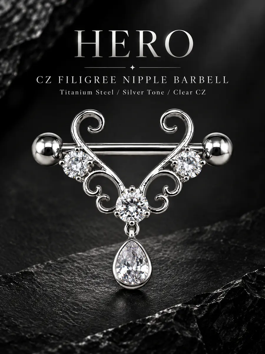CZ Filigree Nipple Barbell, Teardrop Dangle Nipple Ring, Titanium Steel Piercing Jewelry - product image
