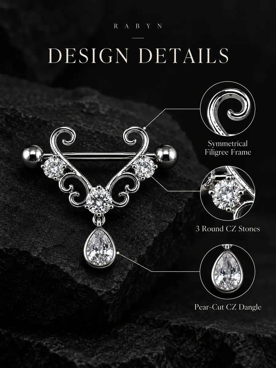 CZ Filigree Nipple Barbell, Teardrop Dangle Nipple Ring, Titanium Steel Piercing Jewelry - product image