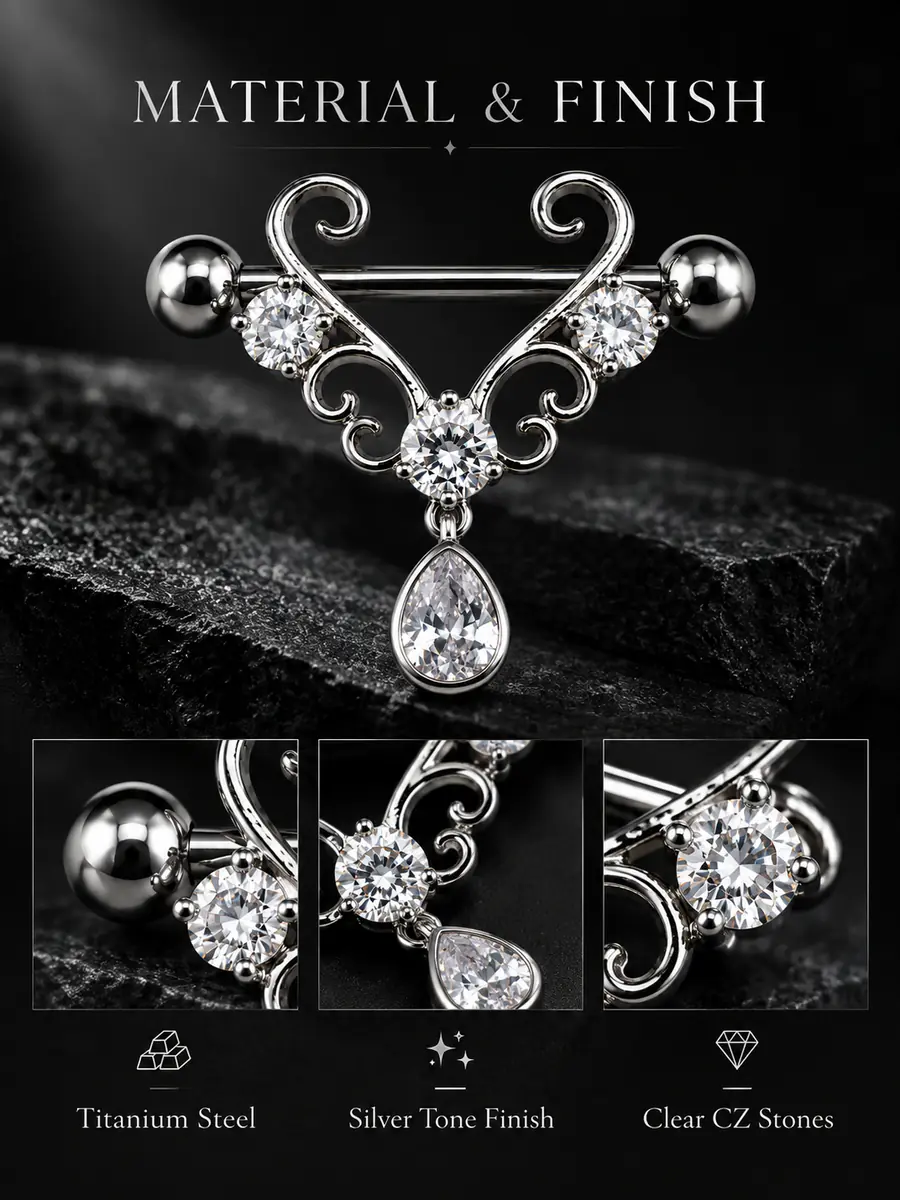 CZ Filigree Nipple Barbell, Teardrop Dangle Nipple Ring, Titanium Steel Piercing Jewelry - product image