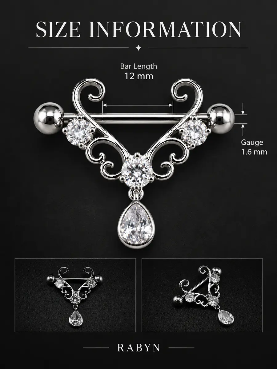 CZ Filigree Nipple Barbell, Teardrop Dangle Nipple Ring, Titanium Steel Piercing Jewelry - product image
