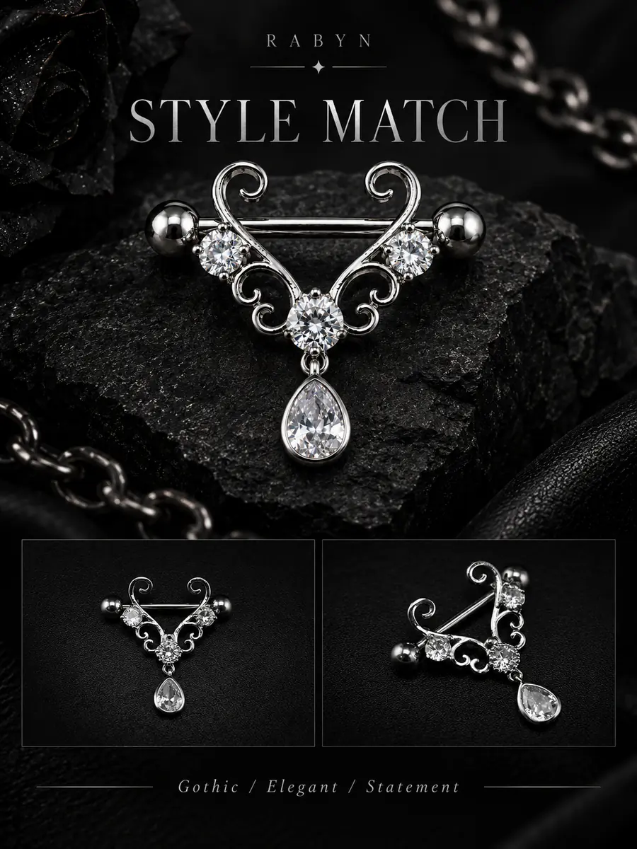 CZ Filigree Nipple Barbell, Teardrop Dangle Nipple Ring, Titanium Steel Piercing Jewelry - product image