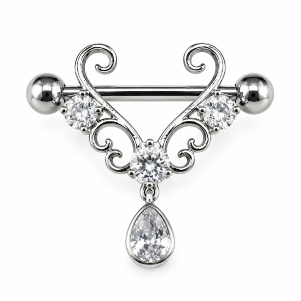 CZ Filigree Nipple Barbell, Teardrop Dangle Nipple Ring, Titanium Steel Piercing Jewelry