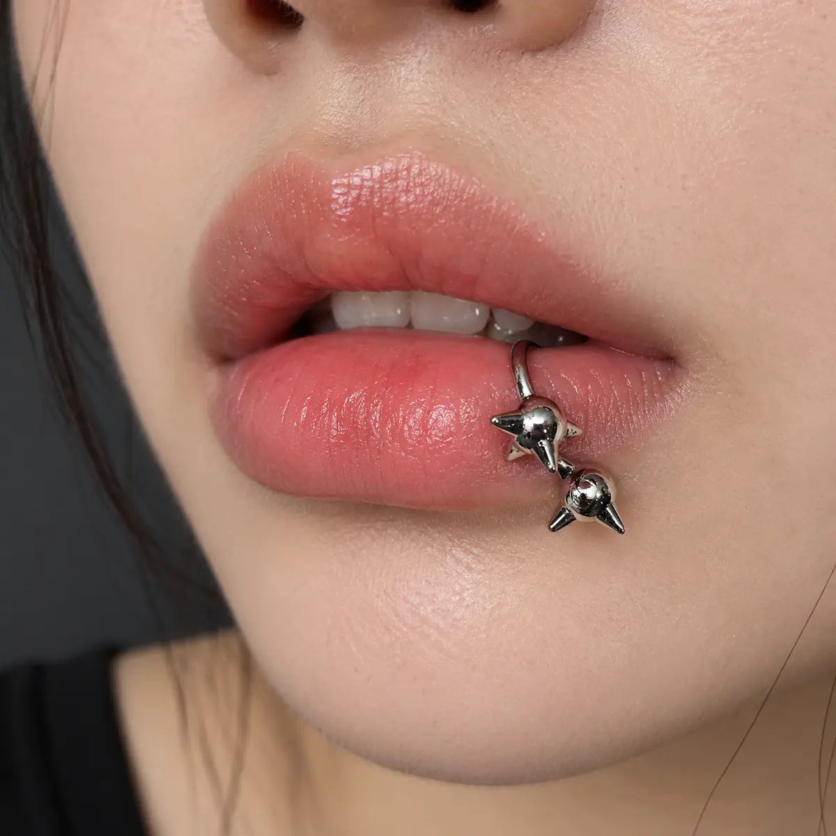 Punk Edgy Baddie Horseshoe C-Ring, Titanium Steel Spiked Ball, Dual Use Lip & Helix Piercing Jewelry - wearing view