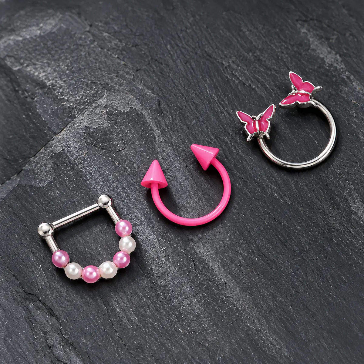 3Pcs Pink Princess Piercing Set, Butterfly Horseshoe Pearl, Titanium Steel, Multi-Use Septum Cartilage Ear Jewelry - product image