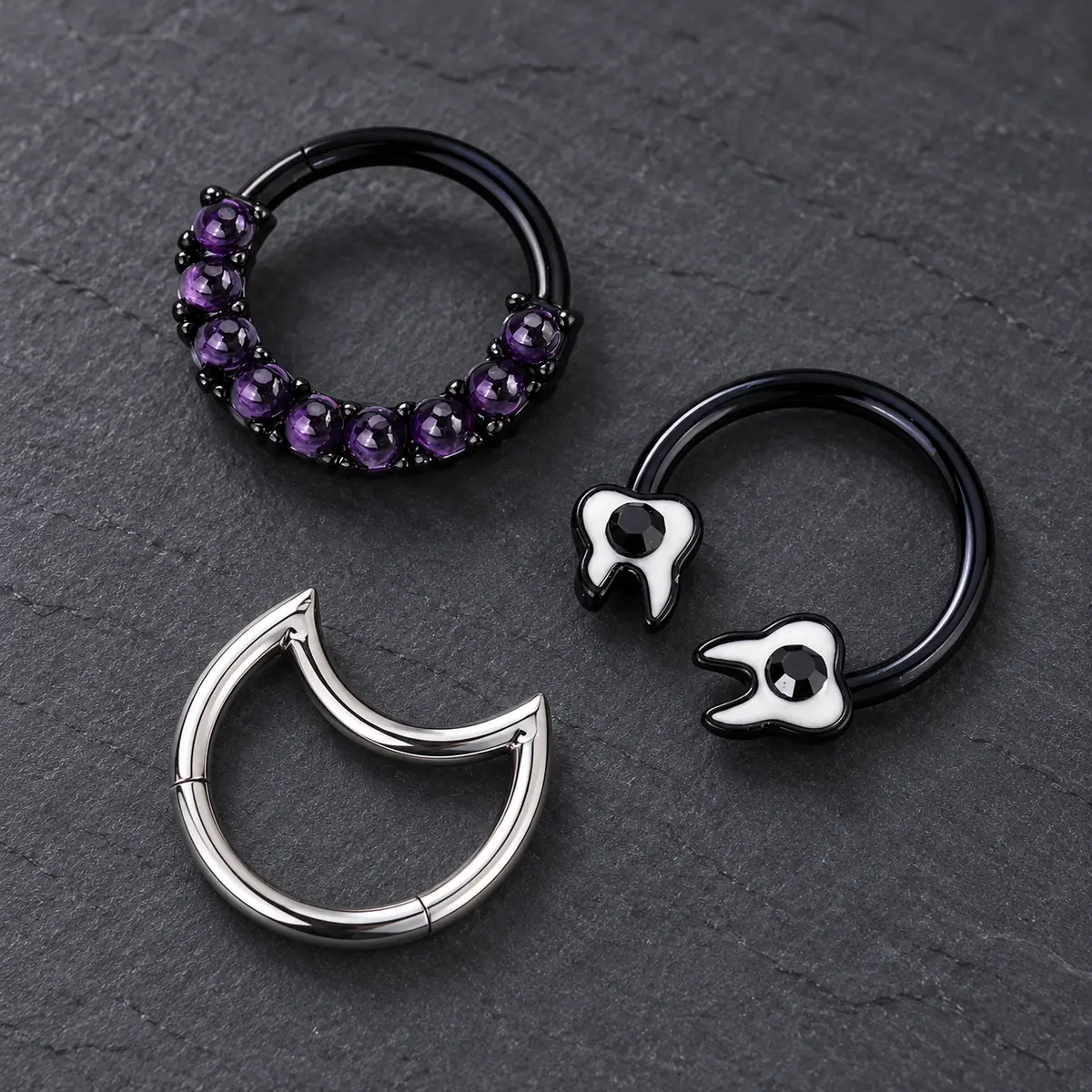 Runaway Princess Mystic Purple Titanium Steel Piercing Set, Plain Septum Ring & Tooth Design Cartilage Studs, Edgy European Baddie Jewelry - product image