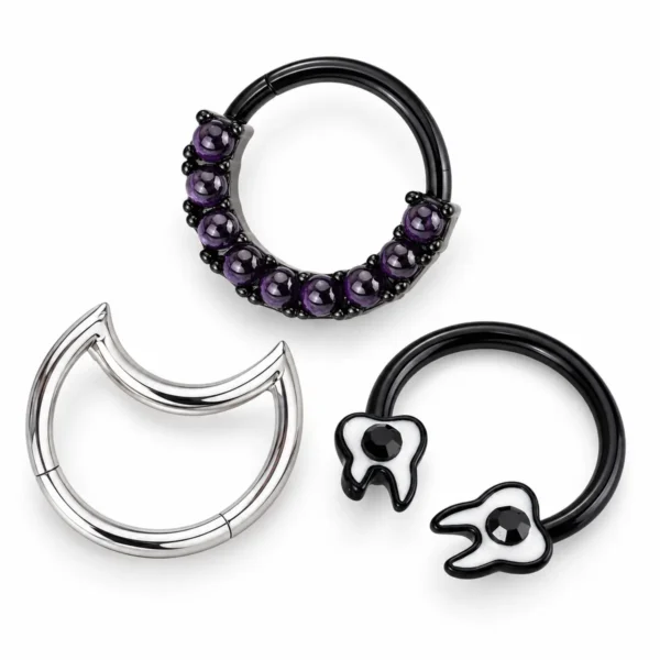 Runaway Princess Mystic Purple Titanium Steel Piercing Set, Plain Septum Ring & Tooth Design Cartilage Studs, Edgy European Baddie Jewelry