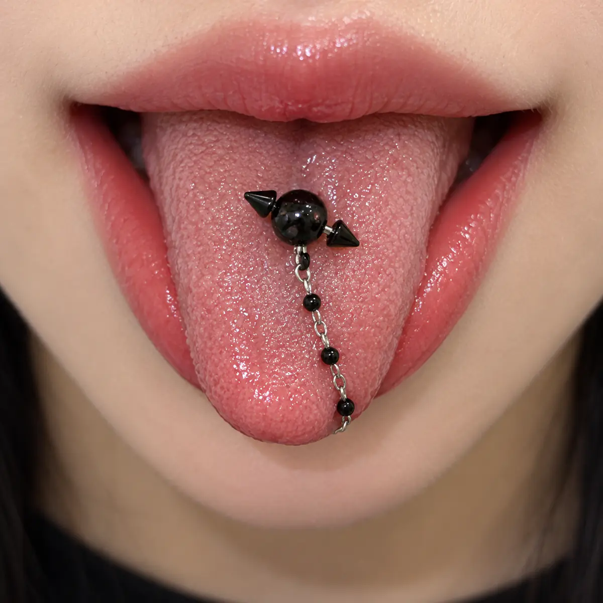 Punk Cyberpunk Tongue Ring, Barbell & Chain, Daily Wear Friendly, Edgy Baddie Piercing Jewelry - wearing view