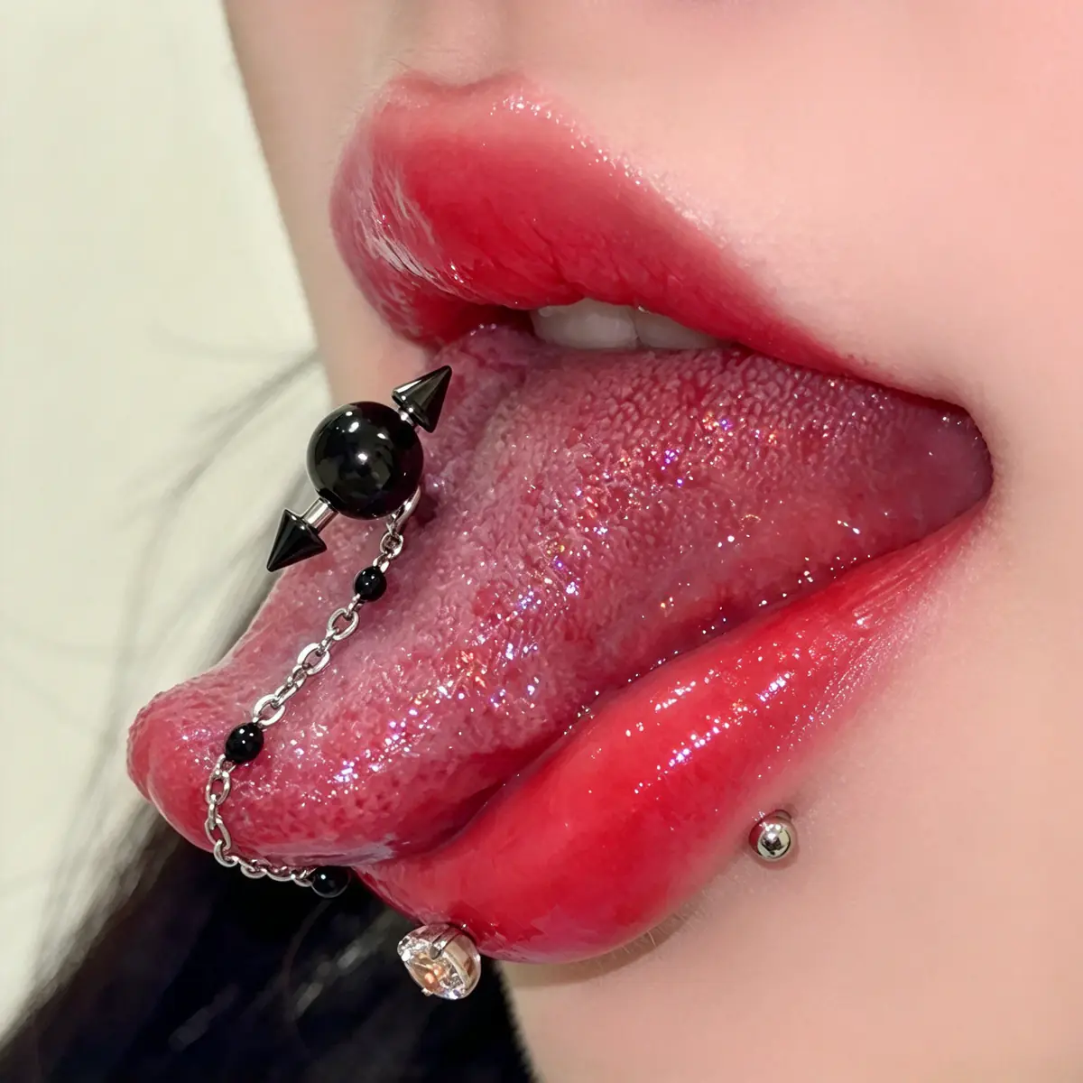 Punk Cyberpunk Tongue Ring, Barbell & Chain, Daily Wear Friendly, Edgy Baddie Piercing Jewelry - product image