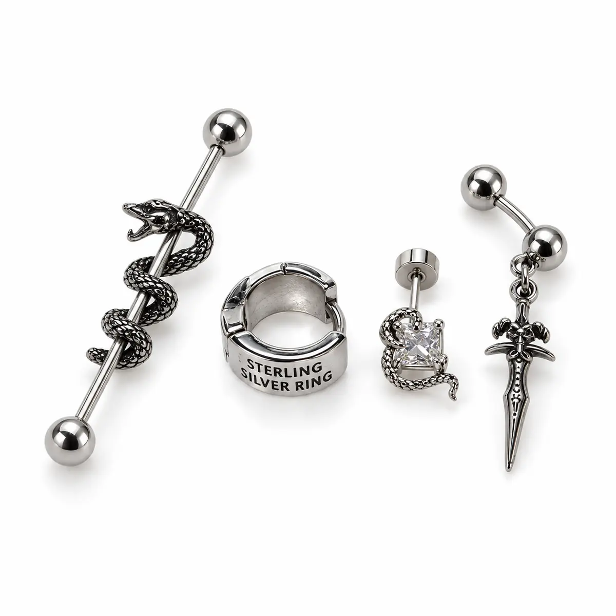 4Pcs Dark Snake Titanium Steel Ear Piercing Set, Cartilage Stud, Ear Bar Conch, Sword Dangle Hoop Earrings, Edgy Cool Jewelry - 4-Piece Set - 4 PCS