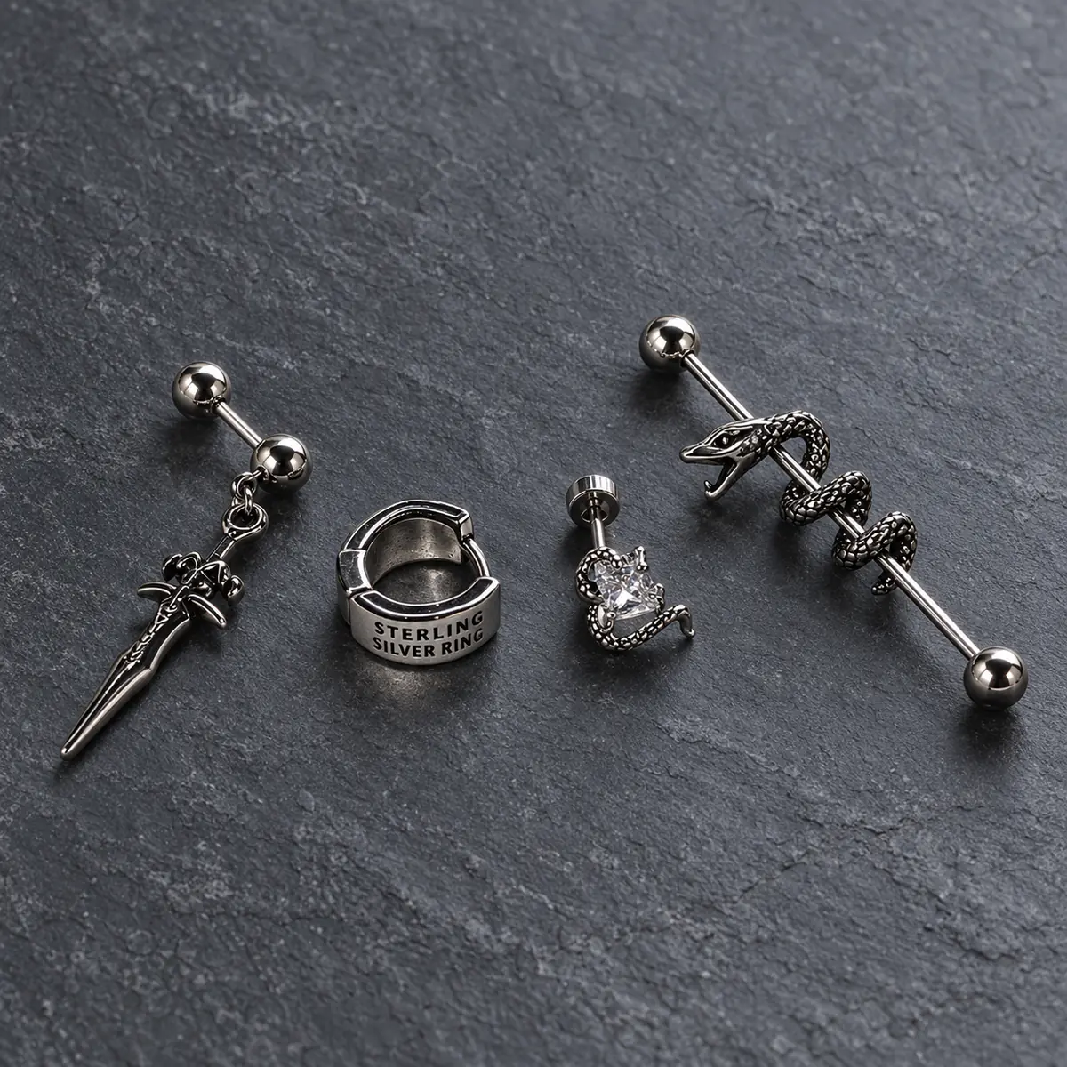 4Pcs Dark Snake Titanium Steel Ear Piercing Set, Cartilage Stud, Ear Bar Conch, Sword Dangle Hoop Earrings, Edgy Cool Jewelry - product image