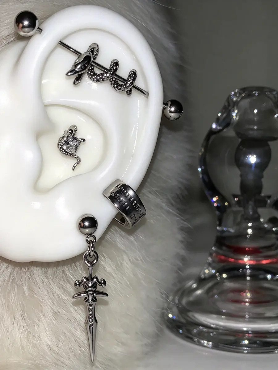 4Pcs Dark Snake Titanium Steel Ear Piercing Set, Cartilage Stud, Ear Bar Conch, Sword Dangle Hoop Earrings, Edgy Cool Jewelry - product image