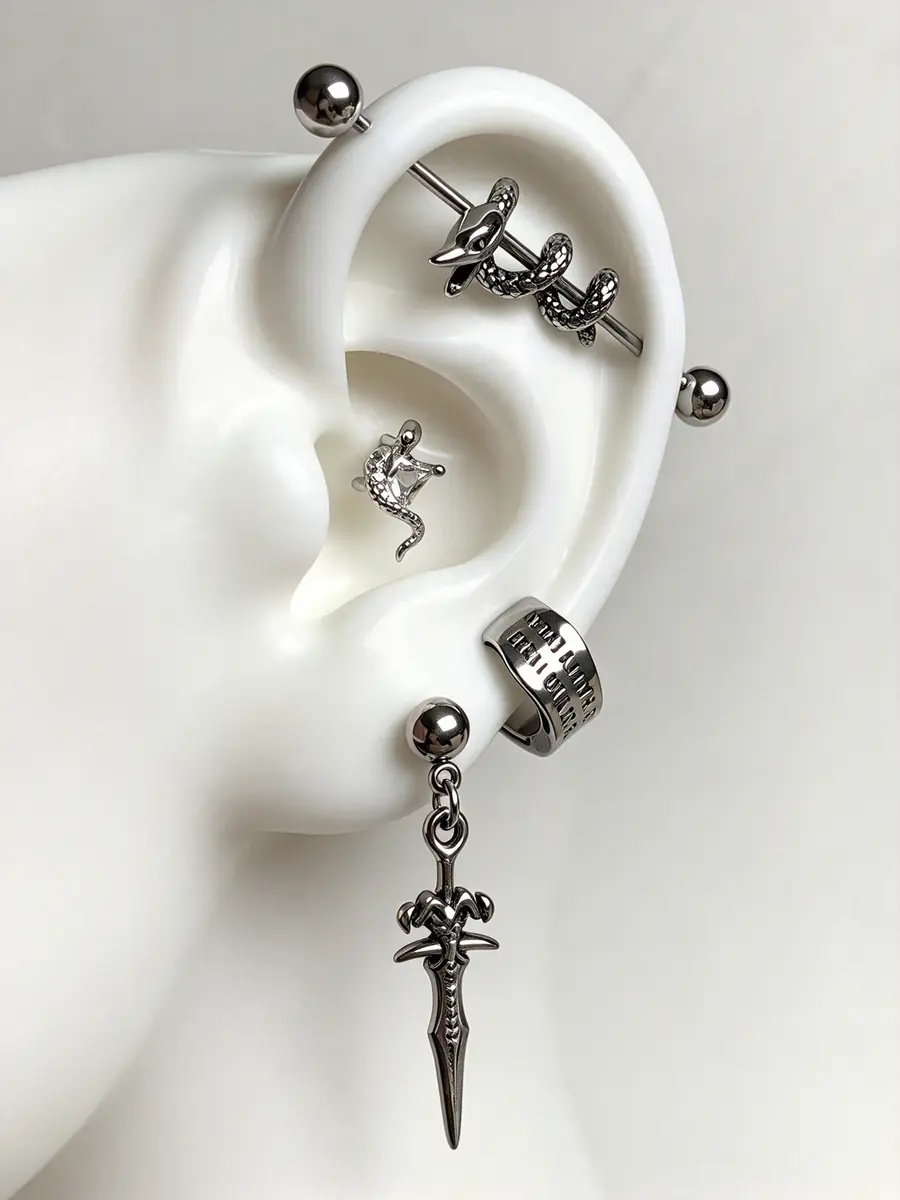 4Pcs Dark Snake Titanium Steel Ear Piercing Set, Cartilage Stud, Ear Bar Conch, Sword Dangle Hoop Earrings, Edgy Cool Jewelry - product image
