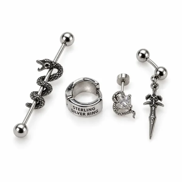 4Pcs Dark Snake Titanium Steel Ear Piercing Set, Cartilage Stud, Ear Bar Conch, Sword Dangle Hoop Earrings, Edgy Cool Jewelry