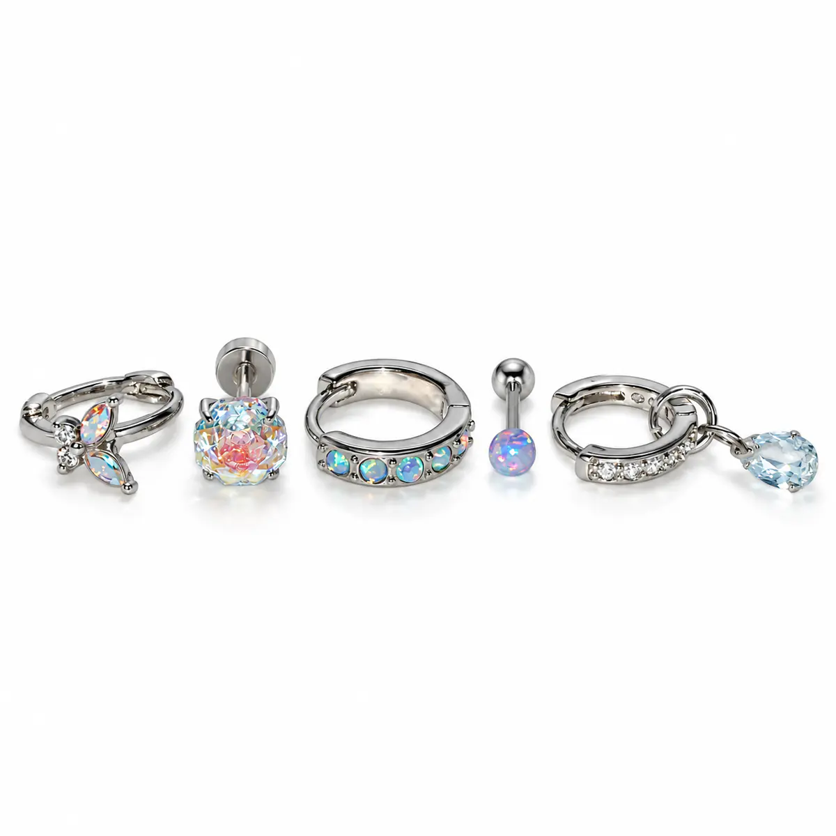 5Pcs Blue Opal Titanium Steel Ear Jewelry Set, Iridescent Butterfly, Light Blue Drop, Sparkling Rose, Hoop Ear Cuff & Cartilage Stud Premium Earrings - 5-Piece Set - 5 PCS