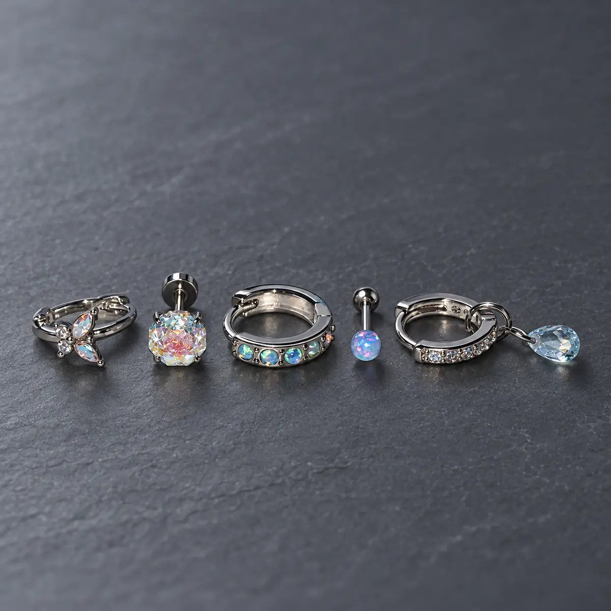 5Pcs Blue Opal Titanium Steel Ear Jewelry Set, Iridescent Butterfly, Light Blue Drop, Sparkling Rose, Hoop Ear Cuff & Cartilage Stud Premium Earrings - product image