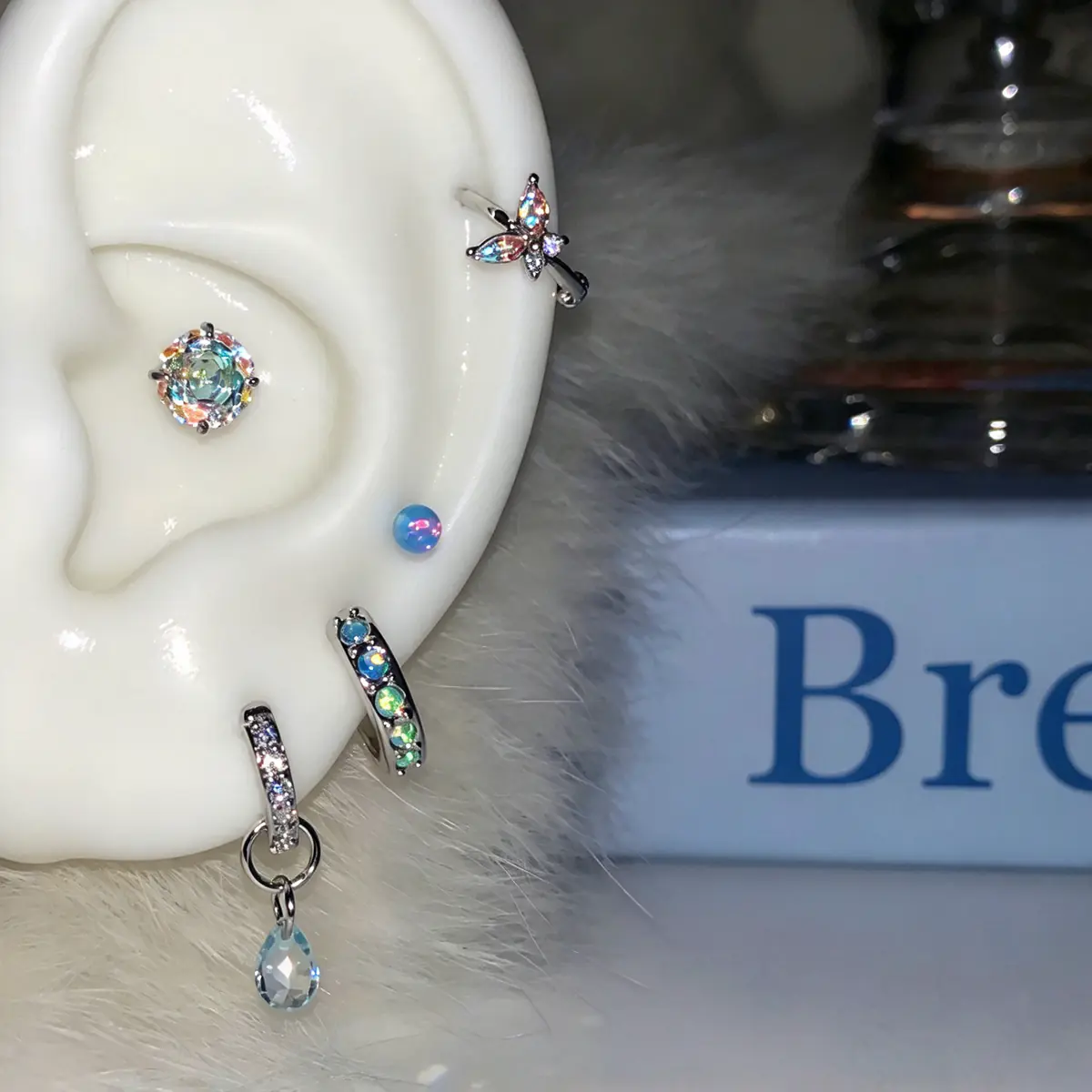5Pcs Blue Opal Titanium Steel Ear Jewelry Set, Iridescent Butterfly, Light Blue Drop, Sparkling Rose, Hoop Ear Cuff & Cartilage Stud Premium Earrings - product image