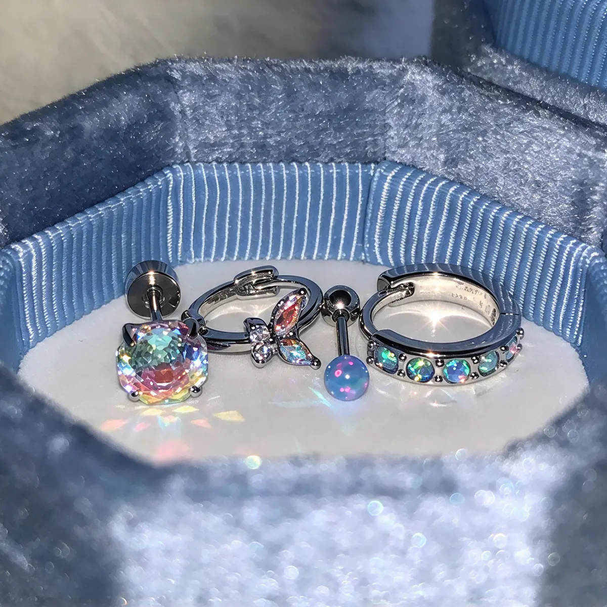 5Pcs Blue Opal Titanium Steel Ear Jewelry Set, Iridescent Butterfly, Light Blue Drop, Sparkling Rose, Hoop Ear Cuff & Cartilage Stud Premium Earrings - product image