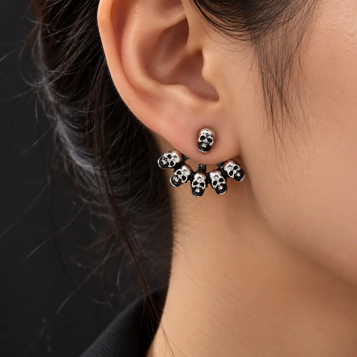 2Pcs Antique Silver Punk Skull Earrings Set, Skull & Cross Design Hoop & Stud Earrings, Edgy Gothic Body Jewelry - wearing view