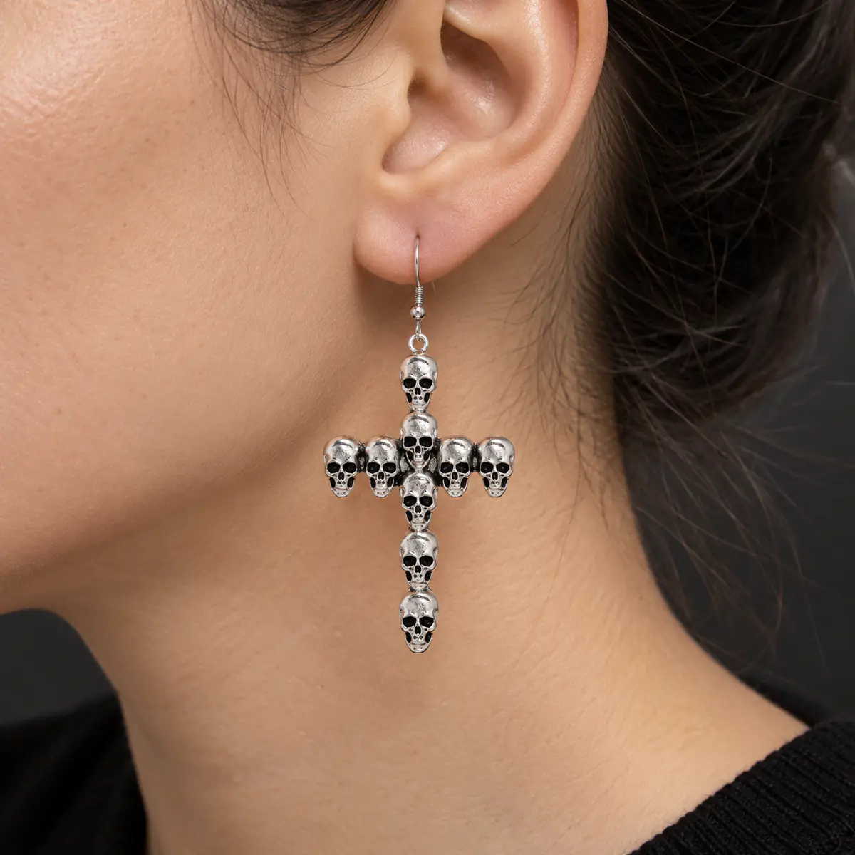 2Pcs Antique Silver Punk Skull Earrings Set, Skull & Cross Design Hoop & Stud Earrings, Edgy Gothic Body Jewelry - product image