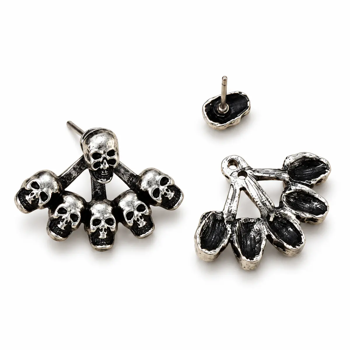 2Pcs Antique Silver Punk Skull Earrings Set, Skull & Cross Design Hoop & Stud Earrings, Edgy Gothic Body Jewelry - Skull Stud - 1 Pair (2 PCS)
