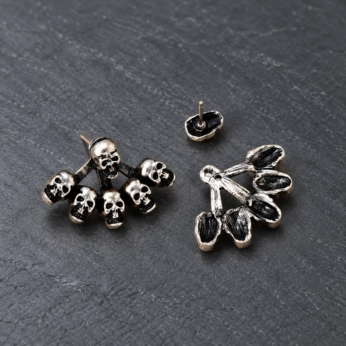 2Pcs Antique Silver Punk Skull Earrings Set, Skull & Cross Design Hoop & Stud Earrings, Edgy Gothic Body Jewelry - product image