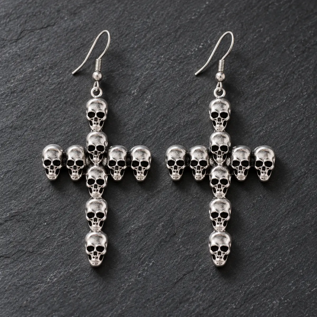 2Pcs Antique Silver Punk Skull Earrings Set, Skull & Cross Design Hoop & Stud Earrings, Edgy Gothic Body Jewelry - product image