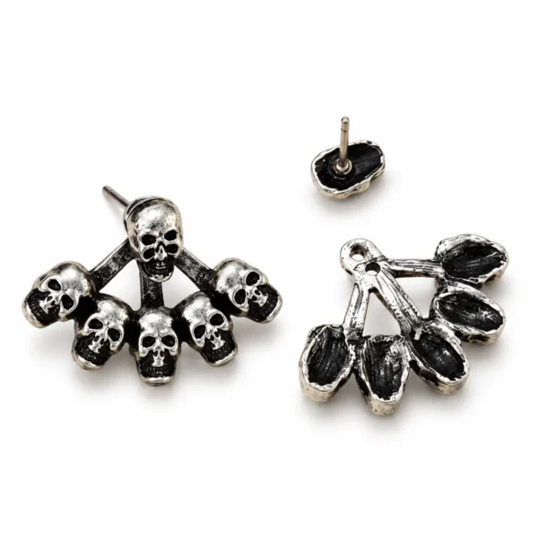 2Pcs Antique Silver Punk Skull Earrings Set, Skull & Cross Design Hoop & Stud Earrings, Edgy Gothic Body Jewelry