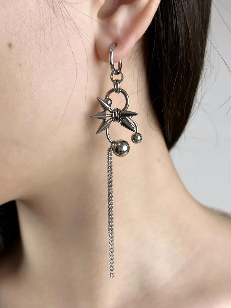 Original Unique Punk Tassel Earrings Set, Goth Alt Hip Hop Baddie, Drop Stud Hoop Edgy Personality Ear Jewelry - wearing view