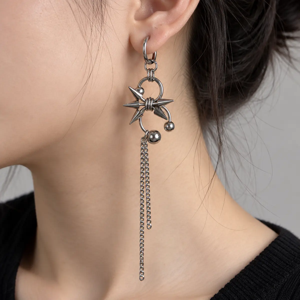Original Unique Punk Tassel Earrings Set, Goth Alt Hip Hop Baddie, Drop Stud Hoop Edgy Personality Ear Jewelry - product image