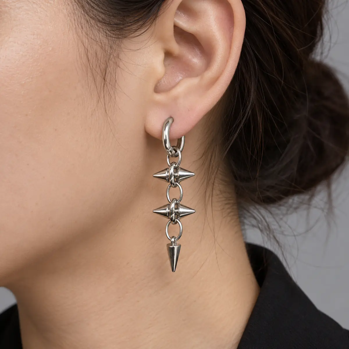 Fade-Resistant Spike Rivet Punk Earrings for Women, Y2K Alt Style, Unique Stud & Hoop Premium Ear Jewelry - wearing view