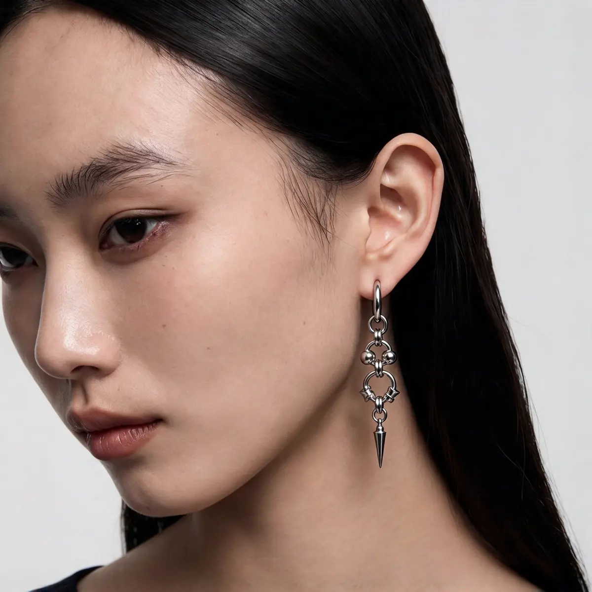 Heavy-Duty Retro Punk Drop Earrings, Wrapped Bead Chain Rivet Cone Design, Industrial Edgy Women's Ear Jewelry - product image